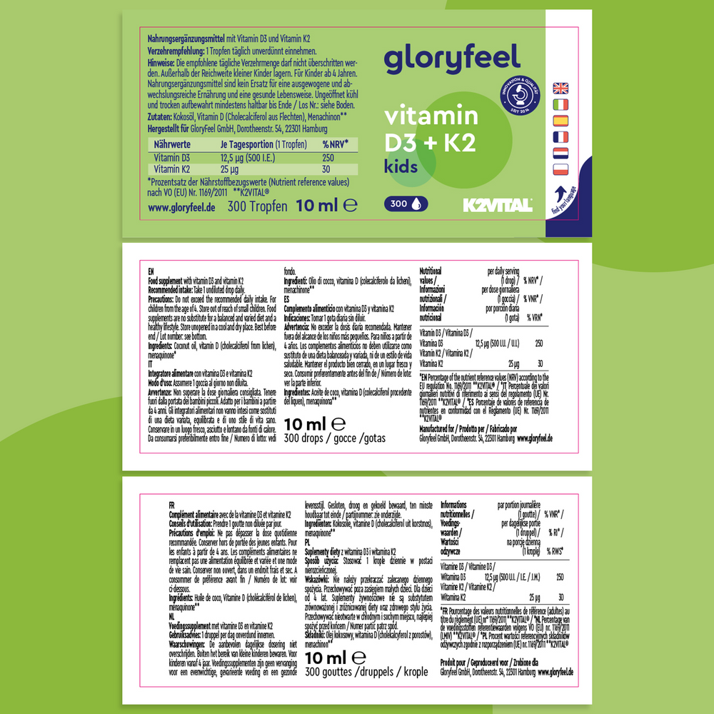 La etiqueta de Gloryfeel GmbH Vitamina D3 + K2 para Niños en Gotas presenta información detallada del producto en varios idiomas, incluidos logotipos y detalles de dosis para 10 ml, 300 gotas.