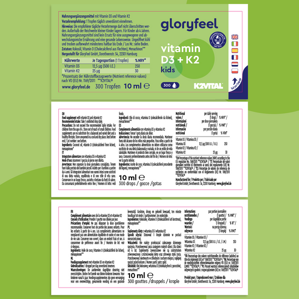 La etiqueta de Gloryfeel GmbH Vitamina D3 + K2 para Niños en Gotas presenta información detallada del producto en varios idiomas, incluidos logotipos y detalles de dosis para 10 ml, 300 gotas.