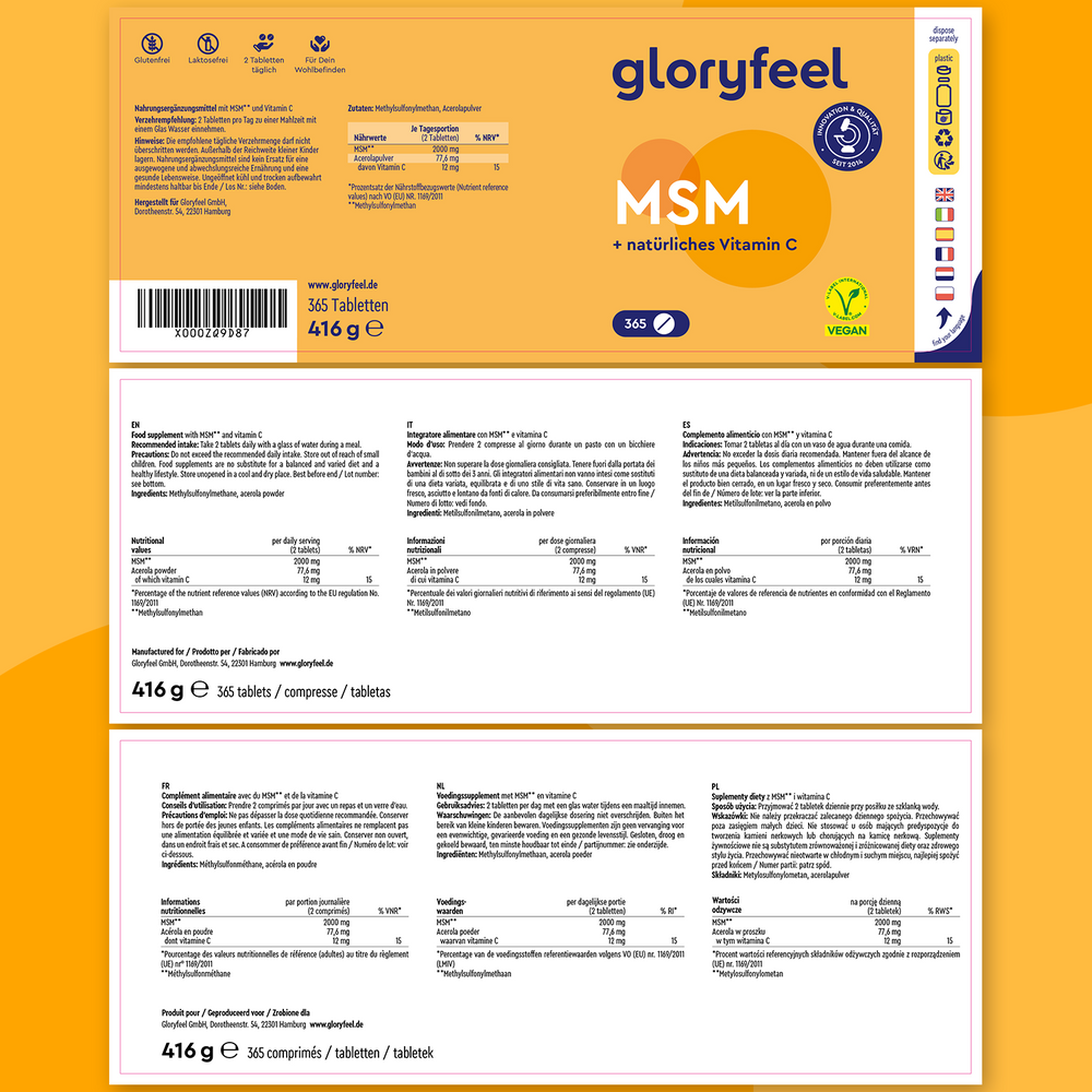 El envase de GloryFeel MSM en tabletas muestra las vistas frontal y posterior, detallando la información del producto, sus ingredientes y su modo de uso. Incluye 365 tabletas veganas con un peso total de 416 g.
