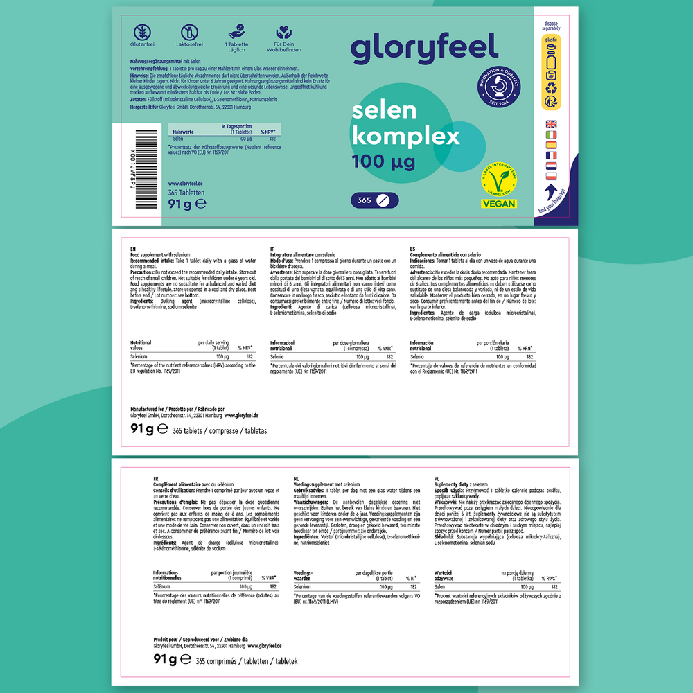 Selenio 100 mcg - 365 comprimidos de GloryFeel GmbH España; suplemento vegano con información nutricional e instrucciones multilingües. Favorece el sistema inmunitario como oligoelemento esencial.
