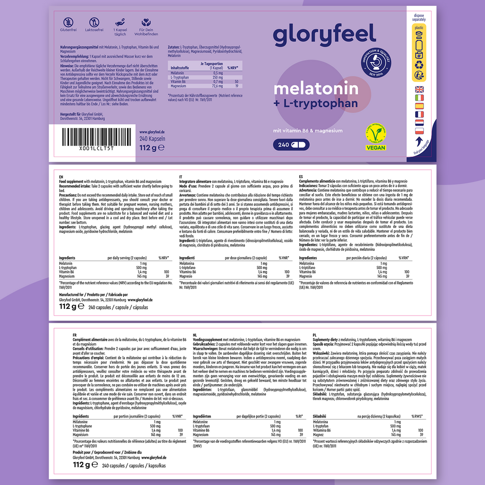 “Melatonina + Triptófano” de GloryFeel presenta información vegana y nutricional con un código de barras en un paquete morado, combinando melatonina y triptófano para un mejor sueño y relajación.