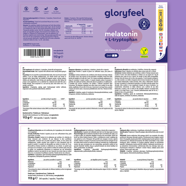 “Melatonina + Triptófano” de GloryFeel presenta información vegana y nutricional con un código de barras en un paquete morado, combinando melatonina y triptófano para un mejor sueño y relajación.