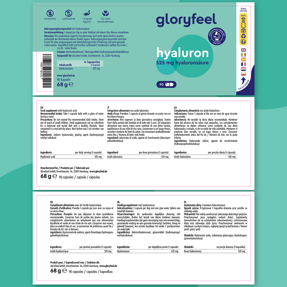 GloryFeel GmbH España Ácido hialurónico Intensivo en cápsulas presenta un empaque con 525 mg de ácido hialurónico para articulaciones sanas y piel firme. Incluye información nutricional multilingüe y cada paquete tiene 90 cápsulas.