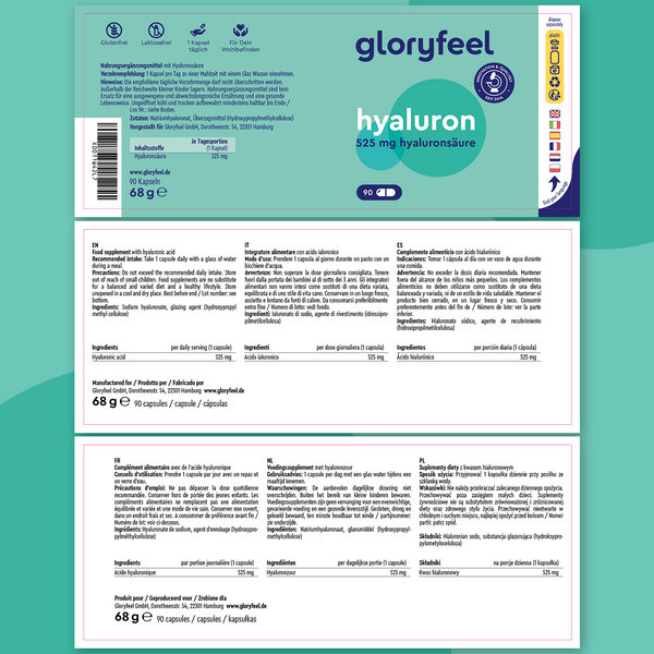 GloryFeel GmbH España Ácido hialurónico Intensivo en cápsulas presenta un empaque con 525 mg de ácido hialurónico para articulaciones sanas y piel firme. Incluye información nutricional multilingüe y cada paquete tiene 90 cápsulas.