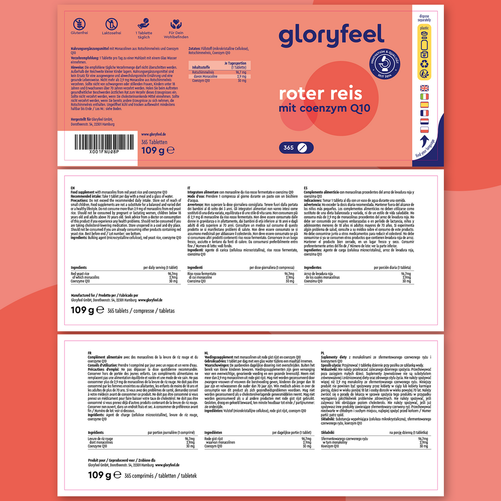El suplemento Levadura Roja de Arroz con Coenzima Q10 de GloryFeel GmbH España presenta un empaque alemán con detalles, información sobre los ingredientes (incluida la levadura de arroz rojo) y datos nutricionales sobre un llamativo fondo rojo y blanco.