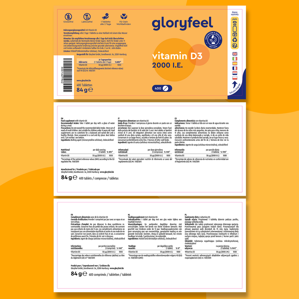 El packaging de Vitamina D3 2000 UI - 400 Tabletas de GloryFeel GmbH España presenta detalles nutricionales y de ingredientes en varios idiomas sobre un fondo naranja, resaltando su apoyo a huesos y dientes sanos y potenciando el sistema inmunológico con calidad certificada.