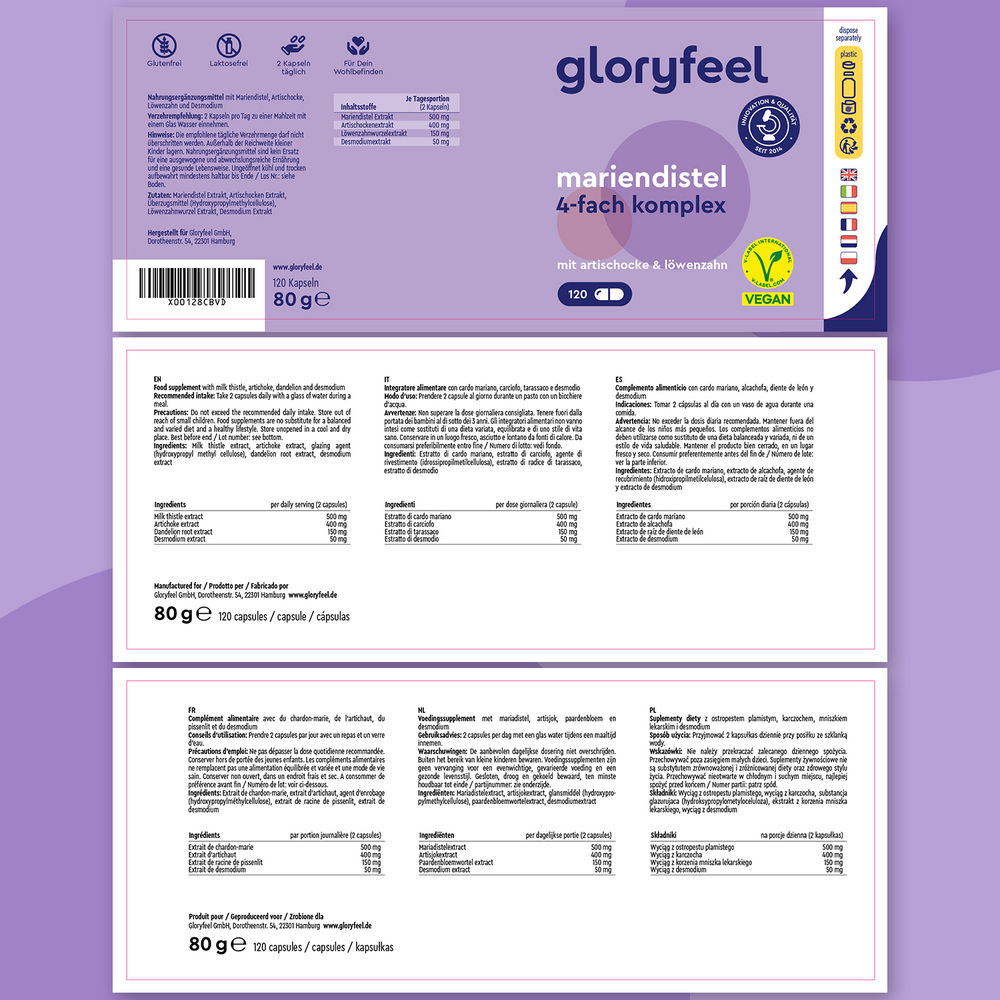 El envase destaca la etiqueta &quot;Cardo mariano en cápsulas&quot; de GloryFeel GmbH España, destacando sus beneficios, ricos en silimarina, para favorecer la función hepática. Incluye información nutricional, iconos de certificación y una etiqueta vegana.