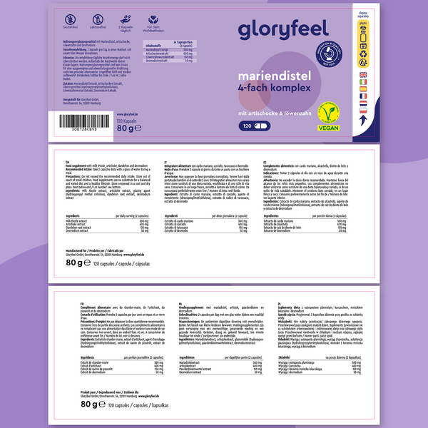 El envase destaca la etiqueta &quot;Cardo mariano en cápsulas&quot; de GloryFeel GmbH España, destacando sus beneficios, ricos en silimarina, para favorecer la función hepática. Incluye información nutricional, iconos de certificación y una etiqueta vegana.