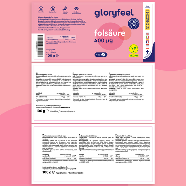 El suplemento de ácido fólico de Gloryfeel GmbH ofrece 400 comprimidos veganos fáciles de tragar en un vibrante envase rosa con información nutricional y certificaciones en alemán, francés, italiano y español. Perfecto para tus necesidades de ácido fólico.