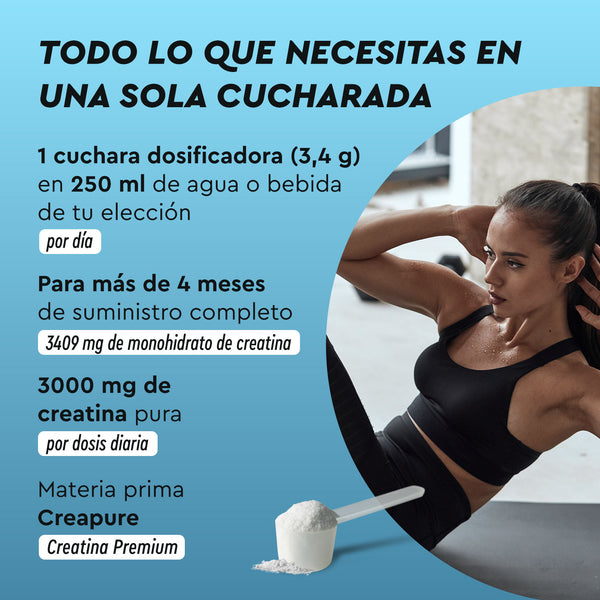 Una mujer hace ejercicio en casa junto a un texto que explica la dosis y los beneficios de Creatina en polvo de gloryfeel GmbH España.