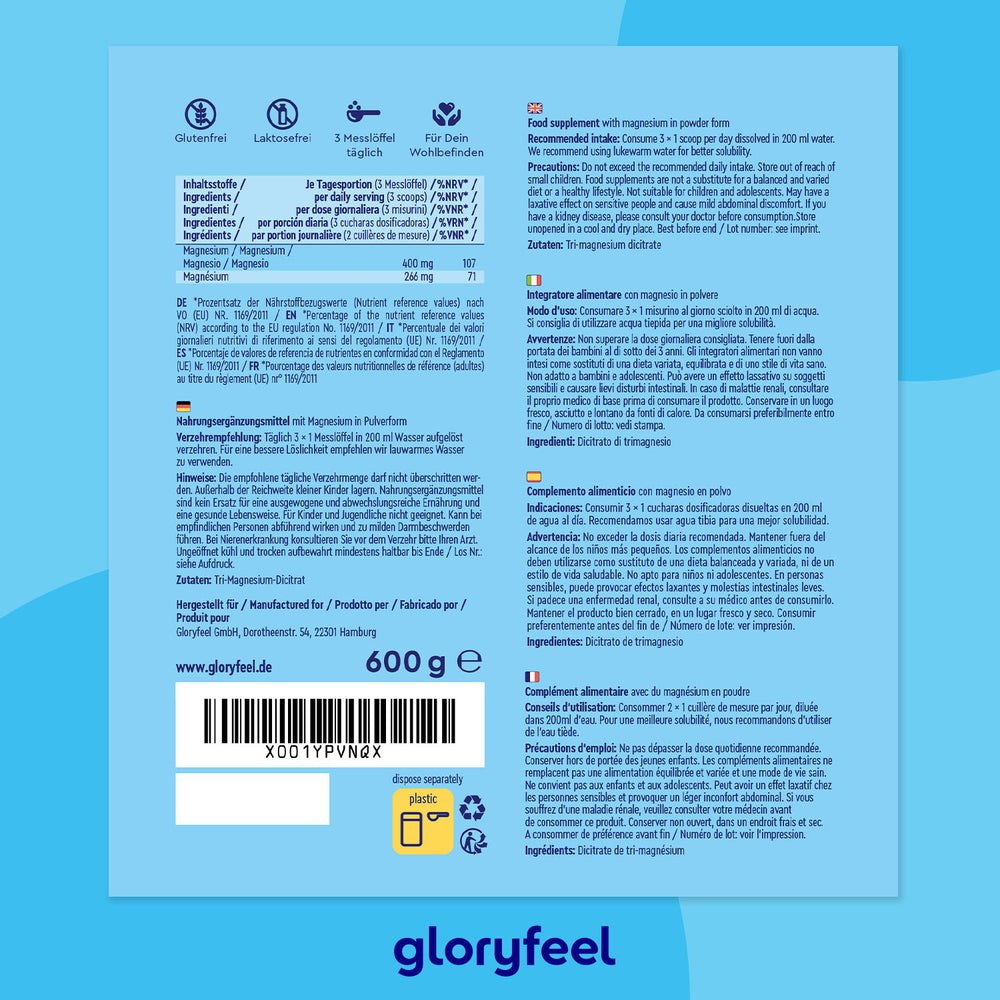 Envase azul de suplemento con texto multilingüe, información nutricional, código de barras y URL del sitio web. Contiene 600 g de &quot;Magnesio en polvo&quot; de gloryfeel GmbH España; etiquetado como sin gluten, sin lactosa y sin azúcar.