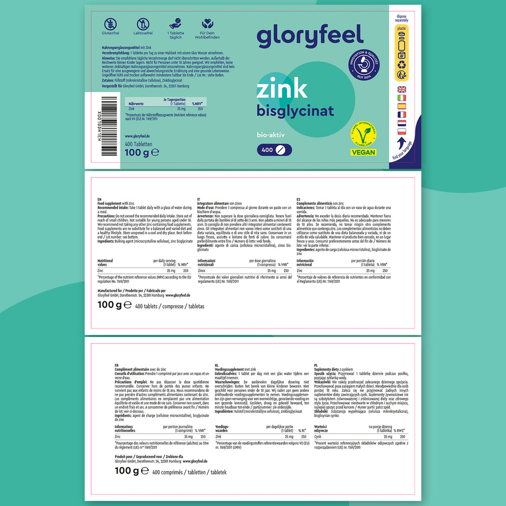 Etiqueta de empaque para GloryFeel GmbH Bisglicinato de zinc en tabletas con símbolo vegano. Contiene información del producto, ingredientes e instrucciones de uso multilingües. Favorece el metabolismo, asegurando una absorción eficiente de nutrientes y un bienestar general.
