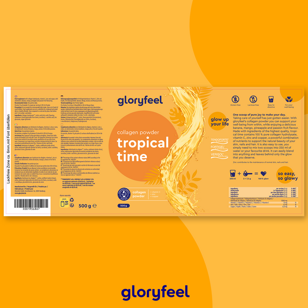 El &quot;Colágeno en polvo&quot; de 500 g de GloryFeel GmbH España en sabor &quot;Tropical Time&quot; presenta ilustraciones tropicales y detalles del producto, incluida la vitamina C, sobre un fondo naranja brillante.