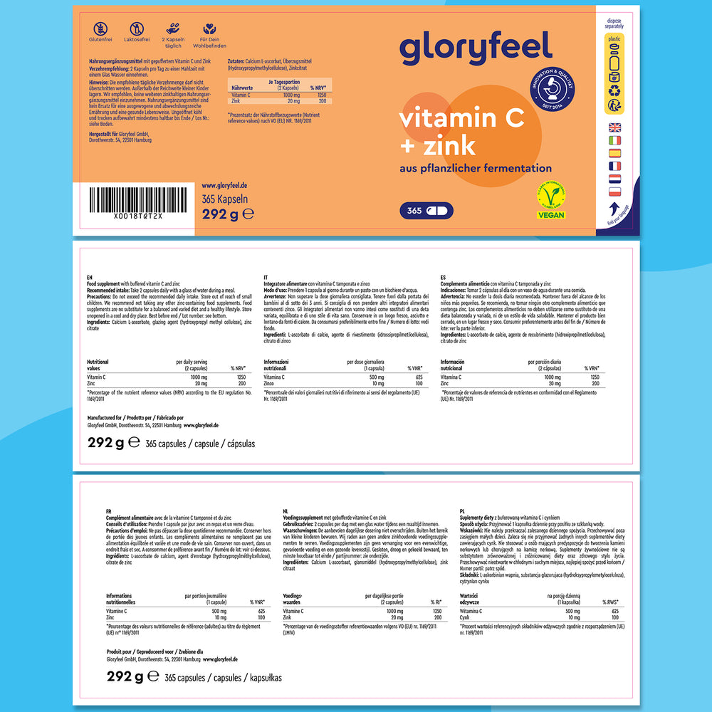 El envase del suplemento de vitamina C + zinc de GloryFeel GmbH España incluye información nutricional e ingredientes en varios idiomas. Contiene vitamina C tamponada para reforzar el sistema inmunitario, con símbolos veganos y ecológicos visibles para consumidores conscientes.