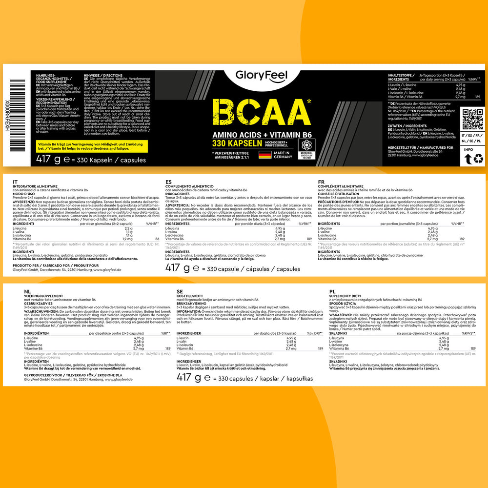 Las cápsulas de BCAA de GloryFeel GmbH España se presentan en un envase multilingüe que detalla la información nutricional, los ingredientes y la marca. Destacan la leucina y otros aminoácidos esenciales, lo que garantiza que usuarios de todo el mundo conozcan sus beneficios.