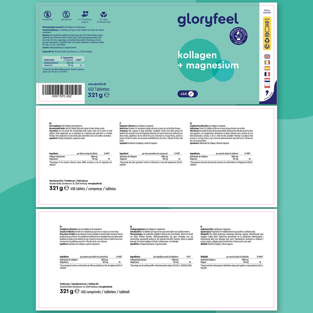 El envase de GloryFeel GmbH España &quot;Colágeno con magnesio - 450 Tabletas&quot; presenta un elegante fondo verde azulado con texto blanco nítido que detalla ingredientes como colágeno hidrolizado, información nutricional e información de contacto para mayor transparencia para los consumidores preocupados por la salud.