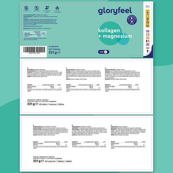 El envase de GloryFeel GmbH España &quot;Colágeno con magnesio - 450 Tabletas&quot; presenta un elegante fondo verde azulado con texto blanco nítido que detalla ingredientes como colágeno hidrolizado, información nutricional e información de contacto para mayor transparencia para los consumidores preocupados por la salud.