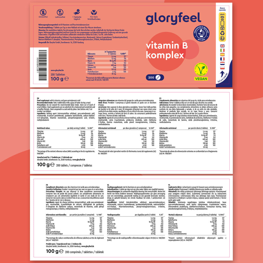 La etiqueta de GloryFeel GmbH España para el Complejo de Vitamina B - Tabletas proporciona información nutricional, certificaciones y compatibilidad vegana sobre un fondo rosa y blanco. Este suplemento vitamínico mejora el bienestar con calidad y eficacia garantizadas.