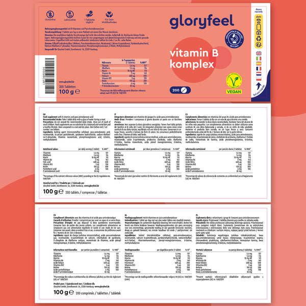 La etiqueta de GloryFeel GmbH España para el Complejo de Vitamina B - Tabletas proporciona información nutricional, certificaciones y compatibilidad vegana sobre un fondo rosa y blanco. Este suplemento vitamínico mejora el bienestar con calidad y eficacia garantizadas.