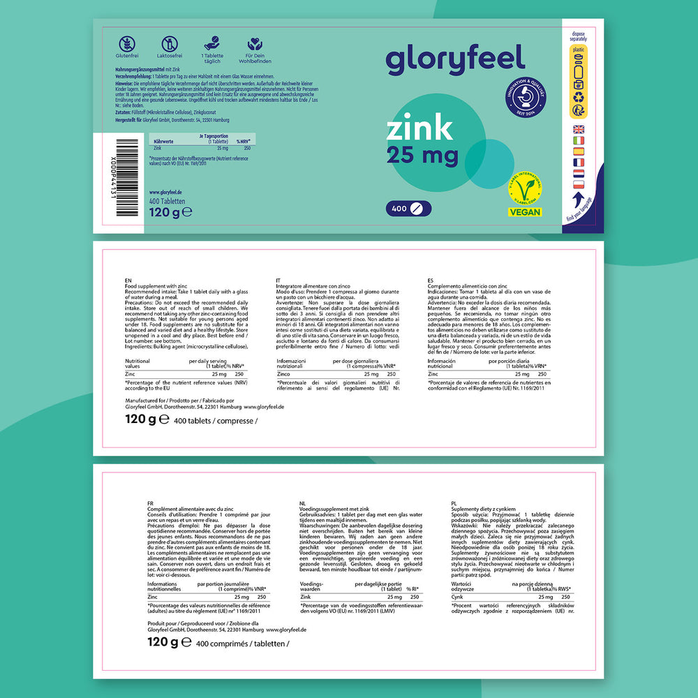 El Zinc de 25 mg en tabletas de GloryFeel GmbH Spain incluye 400 comprimidos veganos, pesa 120 g e incluye información multilingüe. Cuenta con certificación de calidad vegana, ISO, HACCP y GMP para favorecer eficazmente el metabolismo de las proteínas.