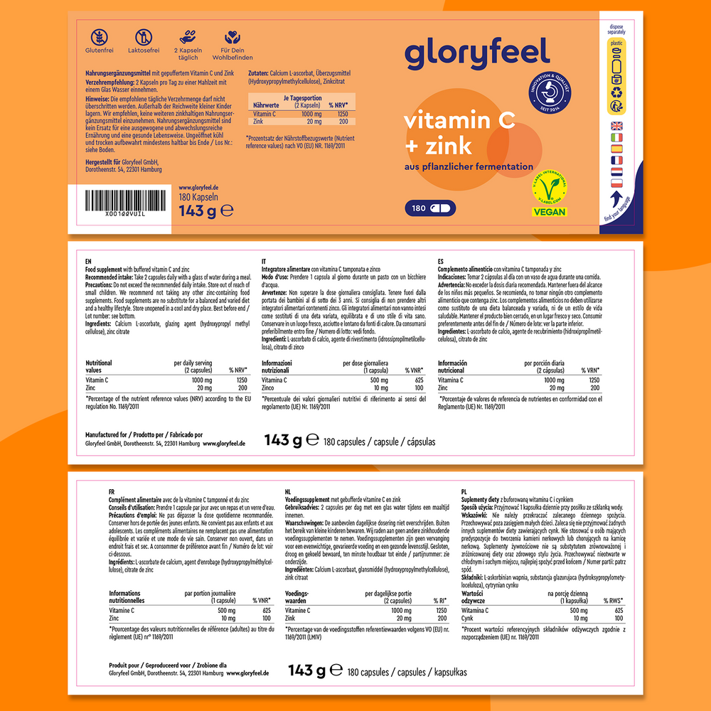 Etiqueta para la Vitamina C y Zinc de gloryfeel GmbH - 180 cápsulas. Muestra información nutricional, ingredientes como vitamina C tamponada y citrato de zinc, símbolo vegano y código de barras. El envase naranja con texto blanco resalta su identidad como cápsulas veganas.