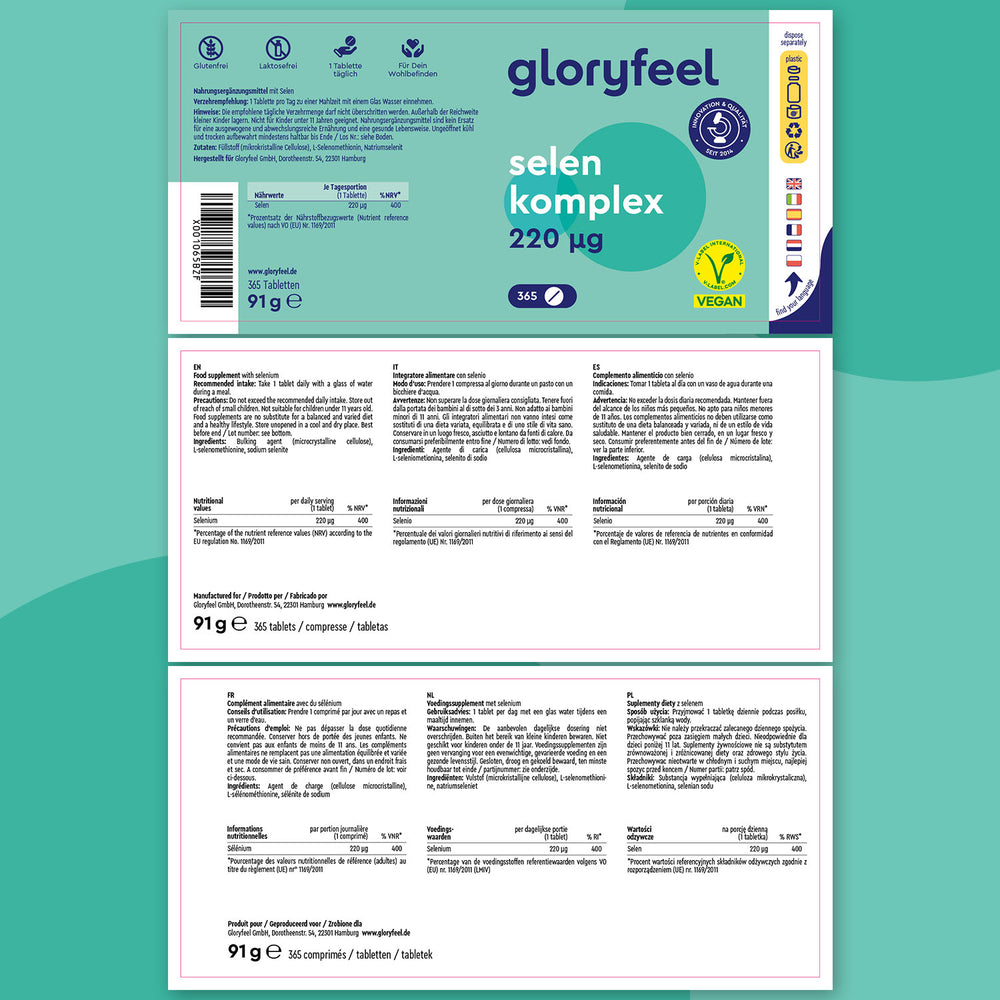 Selenio 220 mcg en tabletas&quot; de GloryFeel GmbH España presenta el papel del selenio para el sistema inmune en su etiqueta, detallando dosis, ingredientes, certificación vegana y cantidad (91 g, 365 tabletas), con un empaque multilingüe.