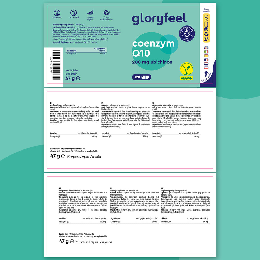 La Coenzima Q10 de GloryFeel viene en un envase bilingüe con información del producto, dosis y una etiqueta vegana. Estas prácticas cápsulas veganas, llamadas &quot;complemento alimenticio&quot;, están diseñadas para complementar tu rutina de bienestar.