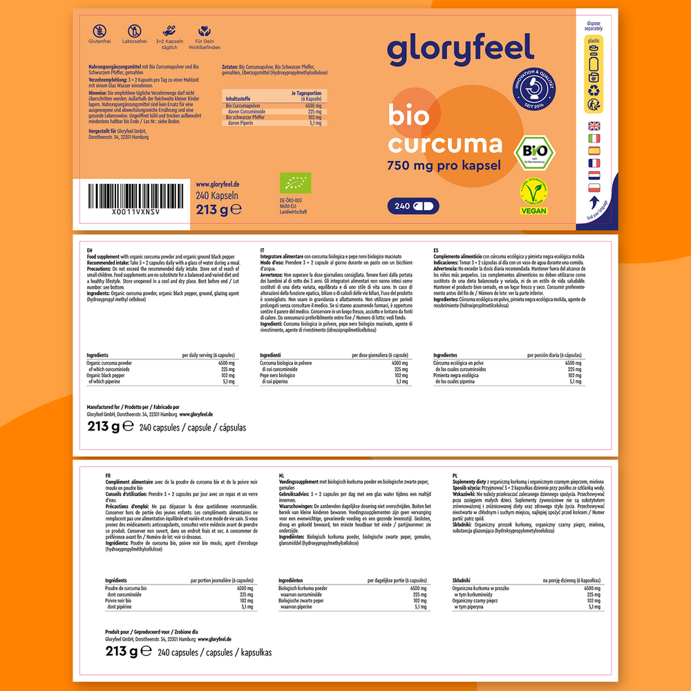 El envase de Cúrcuma Bio en cápsulas de GloryFeel GmbH España muestra detalles del producto, certificaciones, ingredientes e instrucciones en varios idiomas. Enriquecido con potentes antioxidantes de cúrcuma para ayudarte a alcanzar tu bienestar.