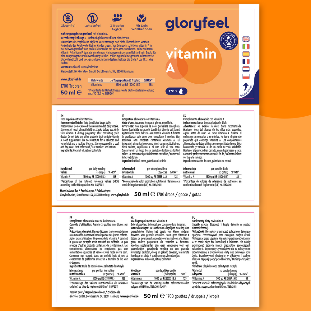 La etiqueta de Vitamina A en gotas de GloryFeel GmbH España ofrece información esencial del producto e instrucciones de dosificación en varios idiomas sobre un vibrante fondo naranja. Enriquecida con palmitato de retinilo, favorece una ingesta óptima para tu bienestar.