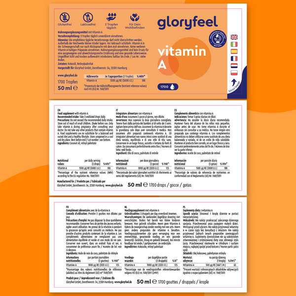 La etiqueta de Vitamina A en gotas de GloryFeel GmbH España ofrece información esencial del producto e instrucciones de dosificación en varios idiomas sobre un vibrante fondo naranja. Enriquecida con palmitato de retinilo, favorece una ingesta óptima para tu bienestar.