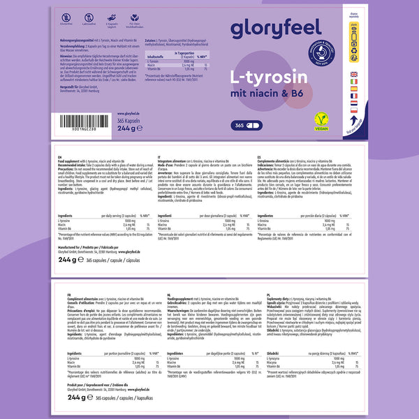El envase de L-tirosina de Gloryfeel GmbH contiene información sobre el suplemento, ingredientes, instrucciones de uso y certificaciones en alemán e inglés sobre un fondo morado, destacando la niacina, B6 y B12 añadidas.