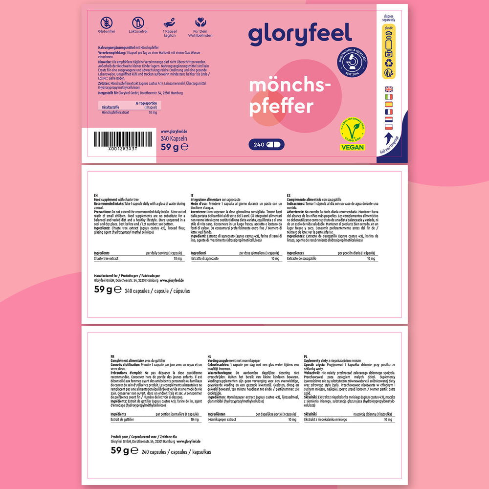El envase de &quot;Sauzgatillo en cápsulas&quot; de GloryFeel GmbH España contiene 240 cápsulas de 59 g, ofrece instrucciones multilingües en tres secciones y está enriquecido con Vitex agnus-castus para favorecer de forma natural el equilibrio hormonal femenino.