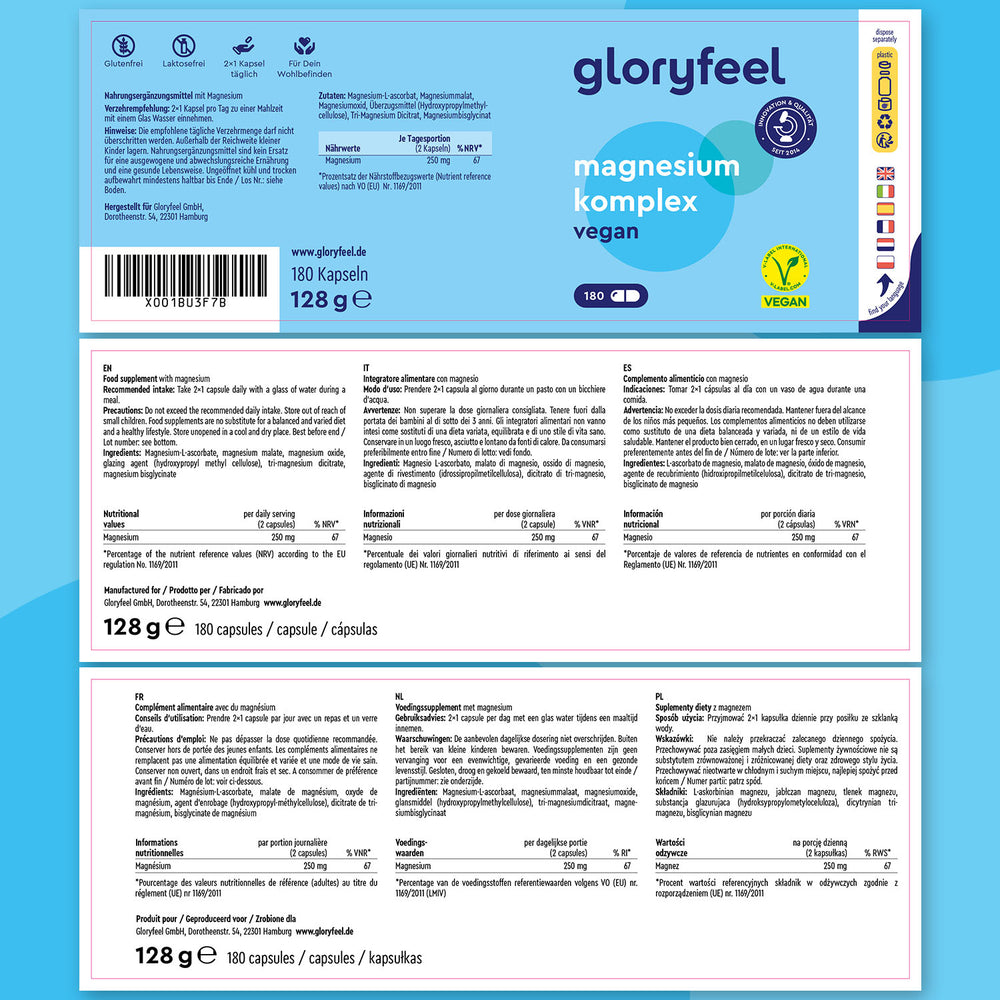 El Complejo de Magnesio de Gloryfeel GmbH se presenta en un envase azul y blanco con información del producto en varios idiomas. Se absorbe rápidamente para una mayor eficacia, incluye información nutricional y luce un logotipo de certificación vegana para favorecer la salud del sistema nervioso.