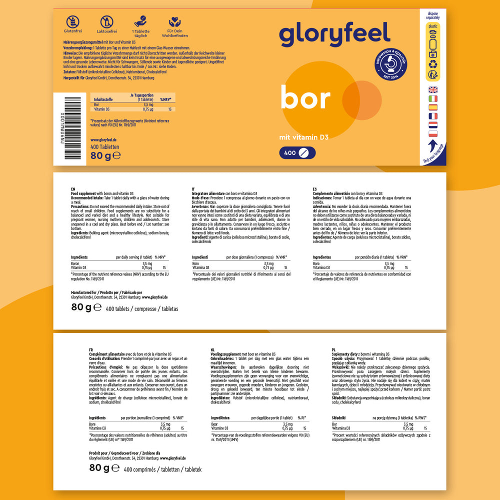 El envase de &quot;Boro con Vitamina D3&quot; de Gloryfeel GmbH incluye información nutricional, traducciones y logotipos. Contiene 400 comprimidos, peso neto 80 g, con fondo naranja.
