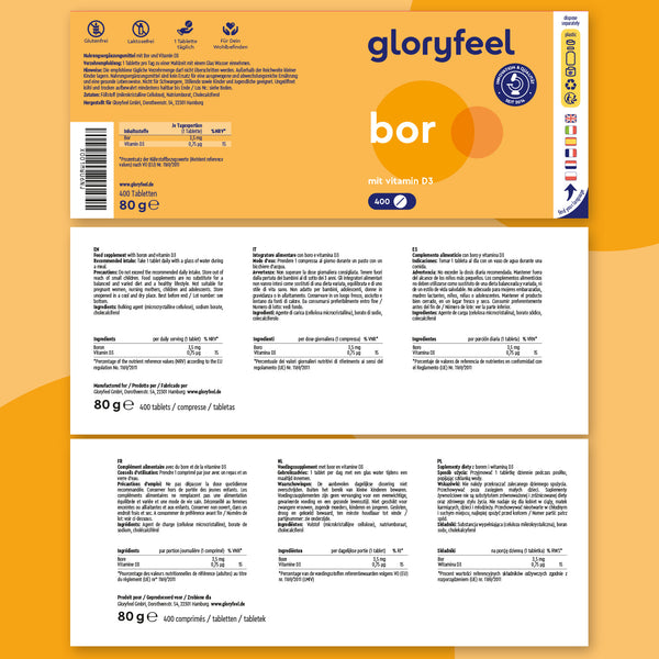 El envase de &quot;Boro con Vitamina D3&quot; de Gloryfeel GmbH incluye información nutricional, traducciones y logotipos. Contiene 400 comprimidos, peso neto 80 g, con fondo naranja.
