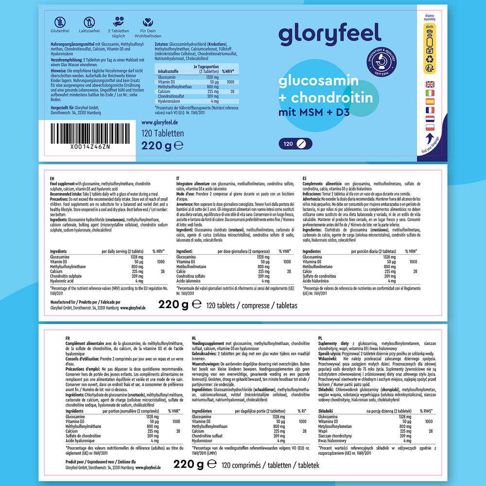 El suplemento de GloryFeel GmbH España, Glucosamina + Condroitina + MSM + Calcio y D3, ofrece información nutricional e instrucciones en varios idiomas. Contiene 120 comprimidos, pesa 220 g y se presenta en un elegante envase azul y blanco.