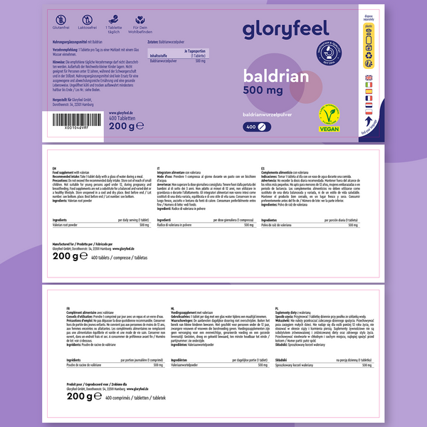 La etiqueta morada de la Valeriana en tabletas de 500 mg y 200 g de Gloryfeel GmbH incluye información del producto, logotipo vegano e instrucciones de dosificación. Este sedante vegetal fortalece el sistema nervioso central con la Valeriana como ingrediente clave.