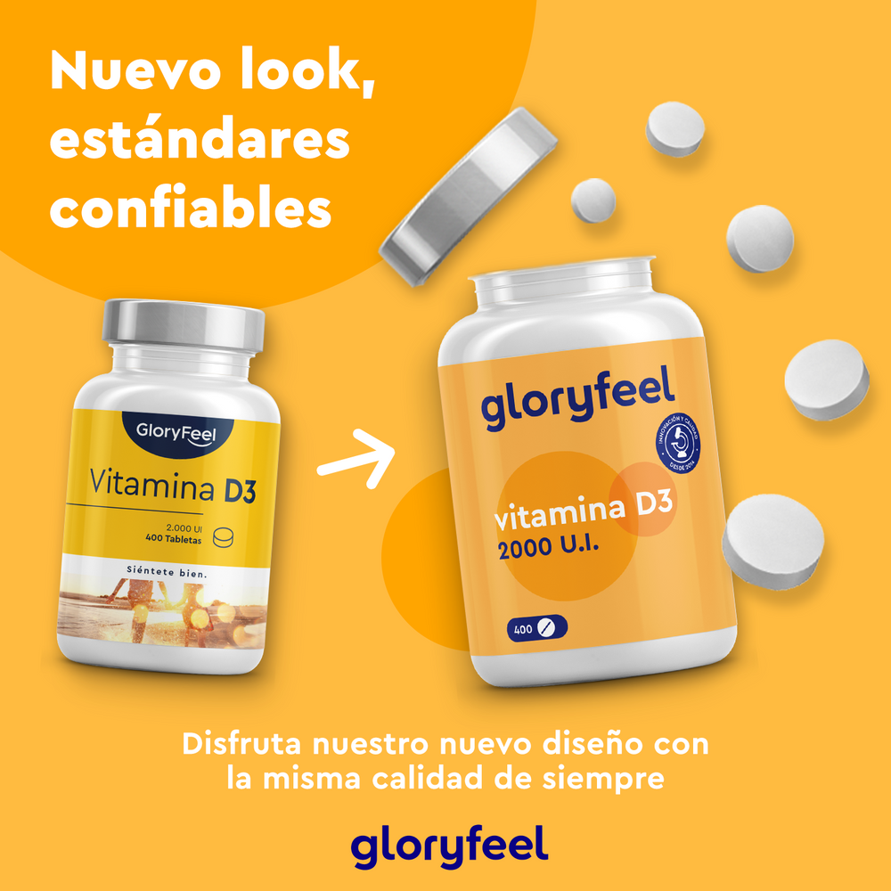 Dos frascos de Vitamina D3 2000 UI de GloryFeel GmbH España, uno con un diseño antiguo y otro con uno nuevo, se presentan sobre un fondo naranja con comprimidos dispersos. El texto destaca la actualización del diseño y su eficacia para mantener un sistema inmunitario sano.