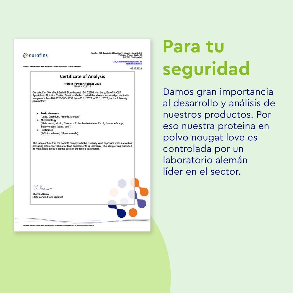 Certificado de análisis para Proteina Nougat Love de gloryfeel GmbH España, con texto al lado resaltando la seguridad del producto y el control de laboratorio alemán por Eurofins.