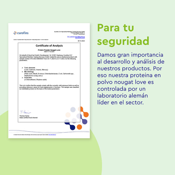 Certificado de análisis para Proteina Nougat Love de gloryfeel GmbH España, con texto al lado resaltando la seguridad del producto y el control de laboratorio alemán por Eurofins.