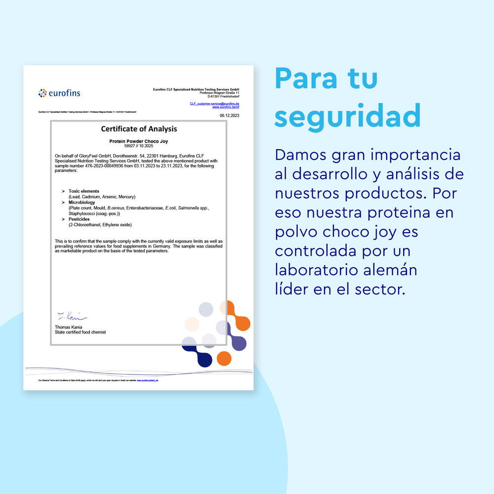 El Certificado de Análisis de Proteina Choco Joy se muestra junto a un texto en español que enfatiza la seguridad y el control de calidad realizado por un reconocido laboratorio alemán, gloryfeel GmbH España.