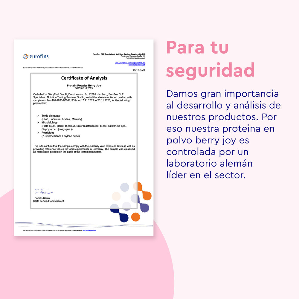 El documento, &quot;Para tu seguridad&quot;, detalla las pruebas de seguridad del producto Proteina Berry Joy - Sabor a frambuesa de gloryfeel GmbH España, con texto explicativo en español a la derecha.
