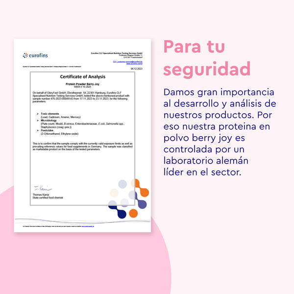 El documento, &quot;Para tu seguridad&quot;, detalla las pruebas de seguridad del producto Proteina Berry Joy - Sabor a frambuesa de gloryfeel GmbH España, con texto explicativo en español a la derecha.
