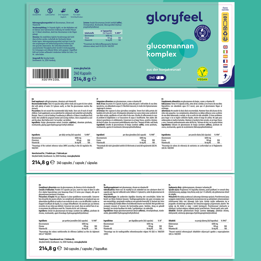 La etiqueta de &quot;Glucomanano - Raíz de Konjac&quot; de Gloryfeel GmbH incluye información nutricional, picolinato de cromo e iconos de certificación. Contiene 240 cápsulas (214,8 g en total). Escrita en alemán.