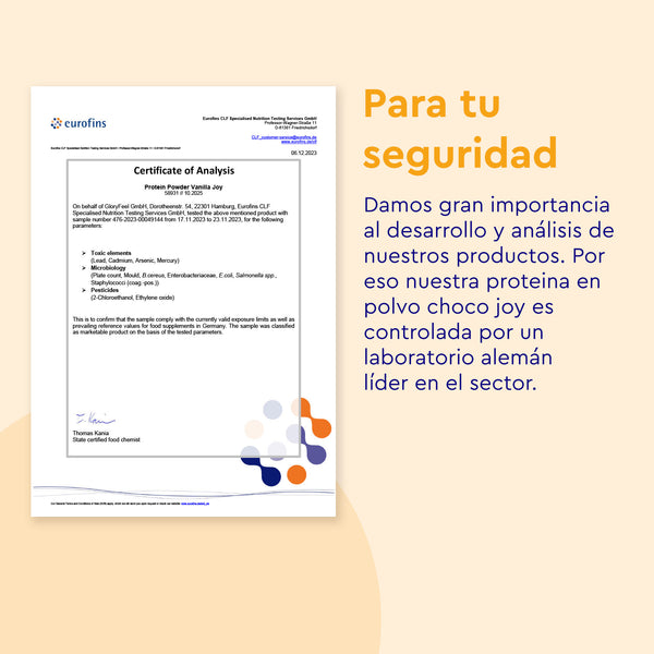 El certificado de análisis incluye texto en español sobre la seguridad y el control de calidad de Proteina Vanilla Joy de gloryfeel GmbH España. El fondo presenta un diseño beige y amarillo con puntos decorativos.