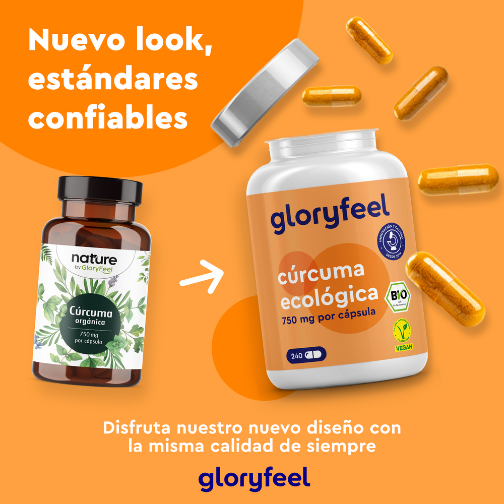 Dos frascos de suplementos de cúrcuma se encuentran uno al lado del otro: uno con la etiqueta &quot;Bio Cúrcuma en cápsulas&quot; y el otro &quot;gloryfeel cúrcuma ecológica&quot;. Ambos presentan cápsulas ricas en curcumina y los logotipos de GloryFeel GmbH España, sobre un fondo naranja vibrante con texto en español.