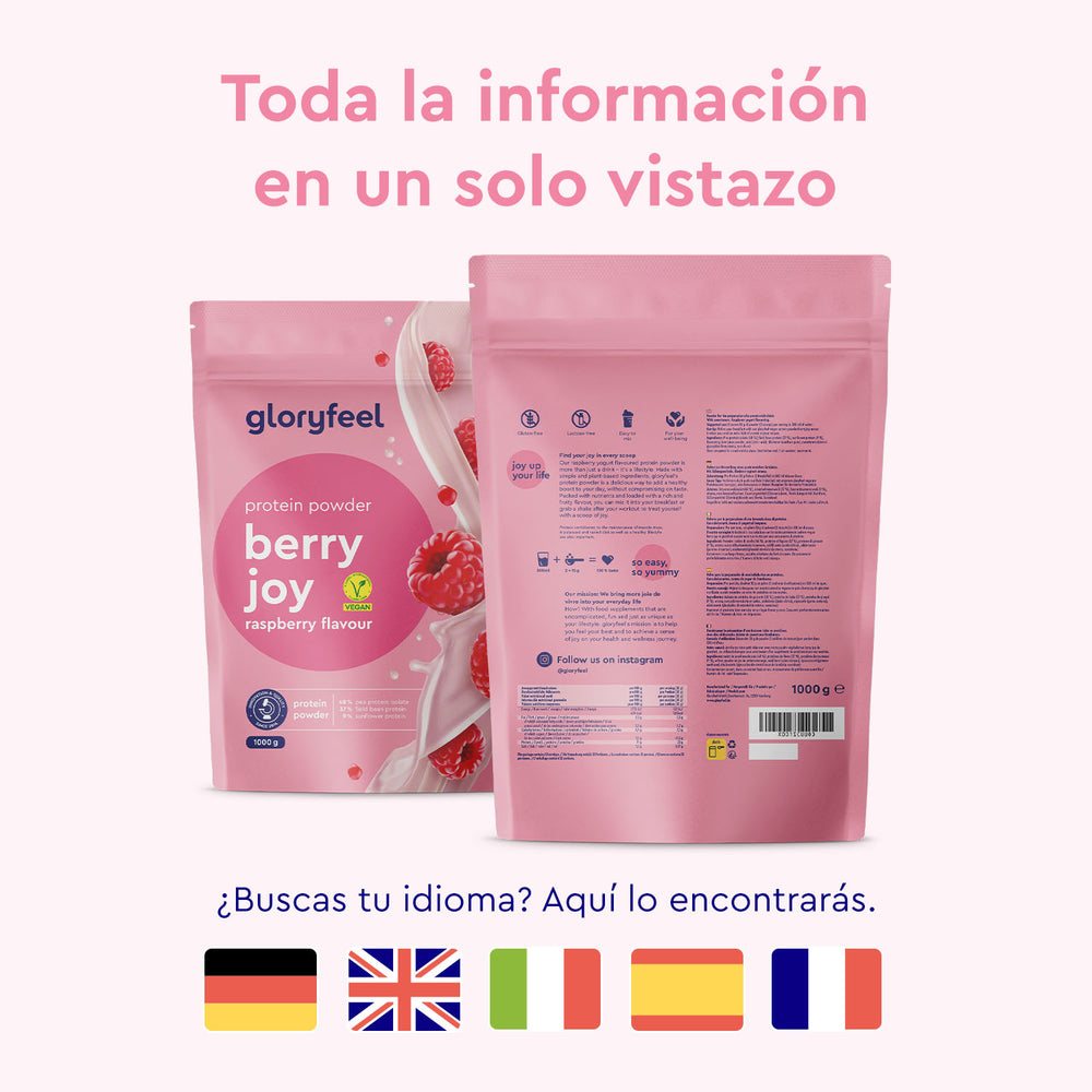 Dos bolsas rosas de Proteina Berry Joy - Sabor a frambuesa de gloryfeel GmbH España, con vistas frontal y posterior. El texto en la parte superior y las banderas en la parte inferior indican la disponibilidad de información en varios idiomas.