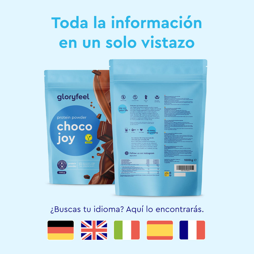 Dos paquetes azules de Proteina Choco Joy de gloryfeel GmbH España con texto en español y banderas de Alemania, Reino Unido, Italia, Francia y España debajo.