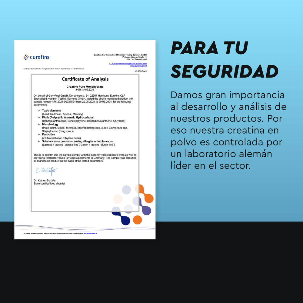 El Certificado de Análisis se muestra sobre un fondo verde azulado con el logotipo de Eurofins, resaltando la seguridad del producto en español para Creatina en polvo de gloryfeel GmbH España.