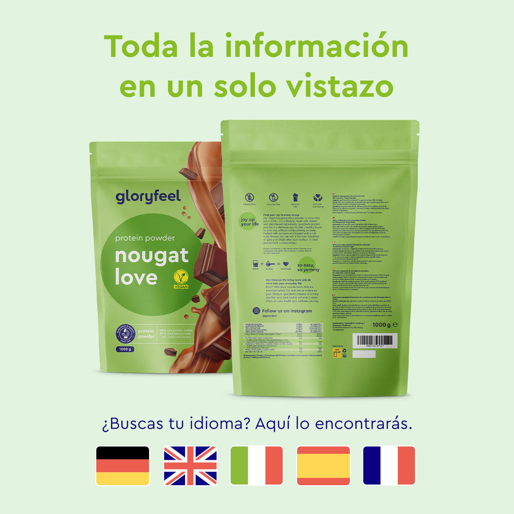 Dos bolsas verdes de &quot;Proteina Nougat Love&quot; de gloryfeel GmbH España, con información nutricional incluida. Texto en español para ver todos los detalles a la vez, con banderas para alemán, Reino Unido, francés, italiano y español debajo.